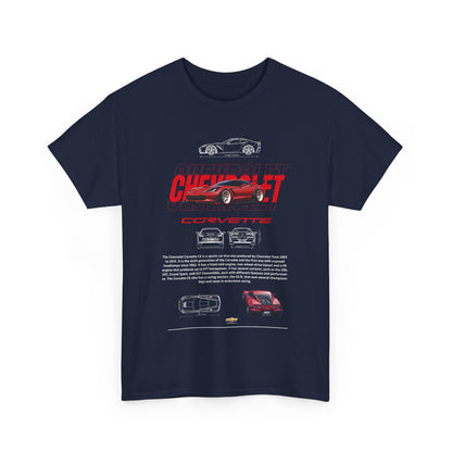 Front view of a luxurious navy blue men's T-shirt featuring bold Chevrolet Corvette graphic design, embodying automotive elegance.