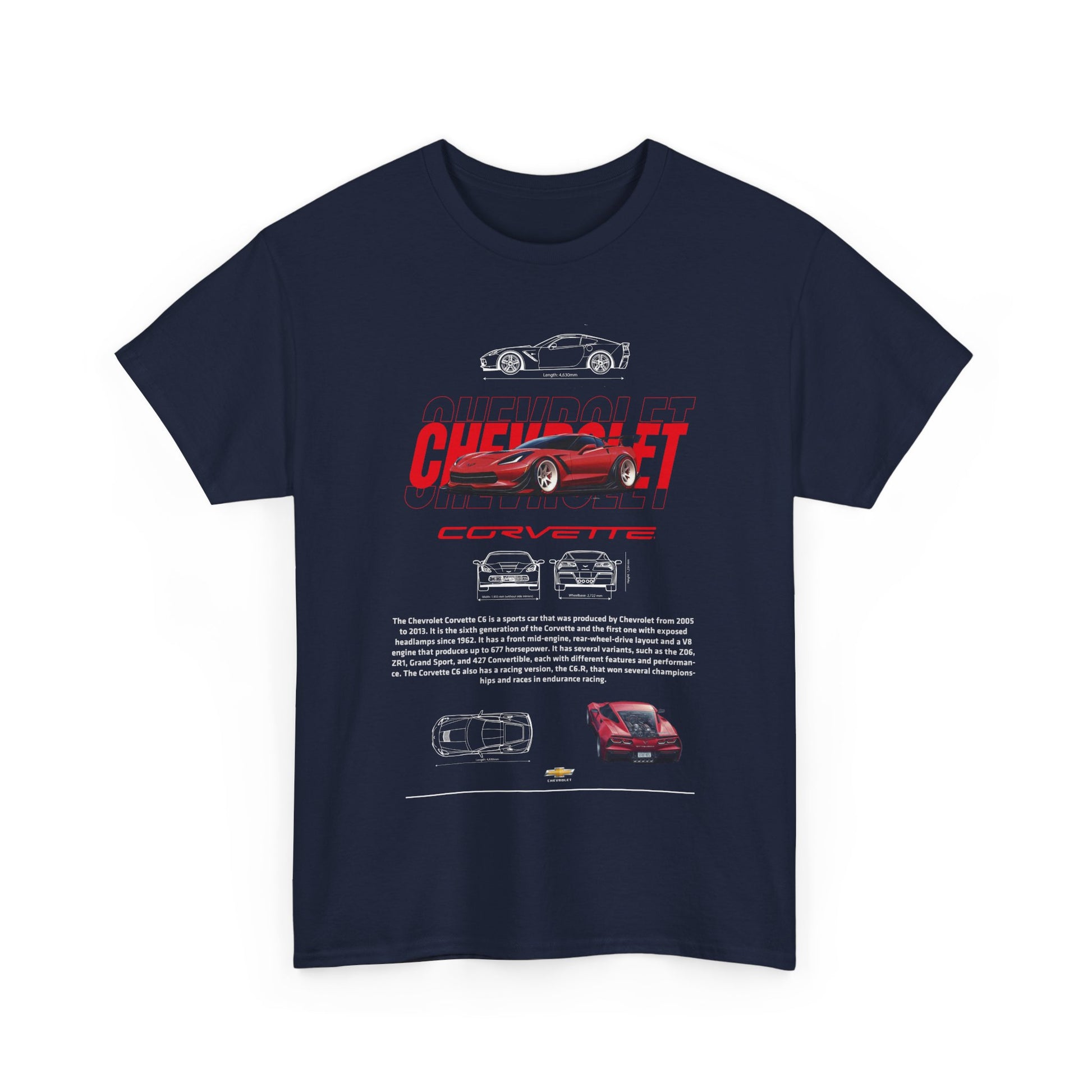 Elegant navy blue men's T-shirt featuring a bold design showcasing the Chevrolet Corvette C6 with intricate technical sketches, ideal for automotive enthusiasts seeking a blend of style and passion.