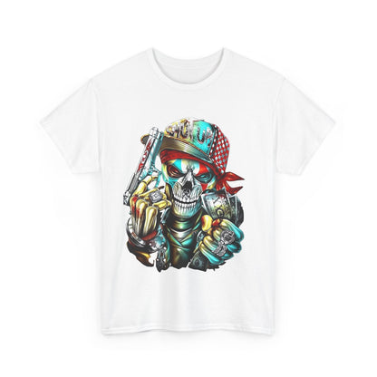 Premium quality men's white t-shirt elegantly folded, displaying a vibrant skull design with expressive colours, perfect for making a statement in luxury streetwear.