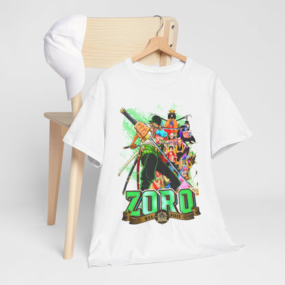 Artistic arrangement of a luxurious Zoro One Piece T-shirt and a classic white cap on a minimalist wooden chair, emphasizing anime fandom in high style.