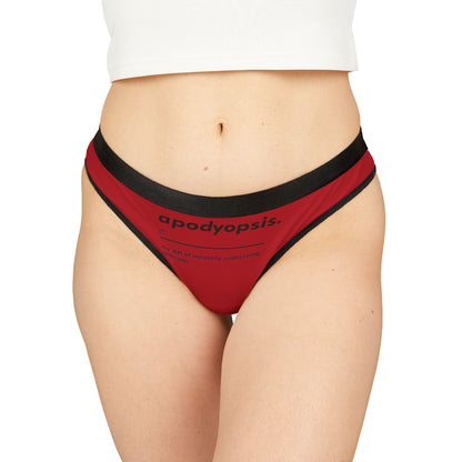 Luxury women's thong featuring the playful definition of 'apodyopsis' in elegant typography on a rich red background, perfect for intimate gifting.