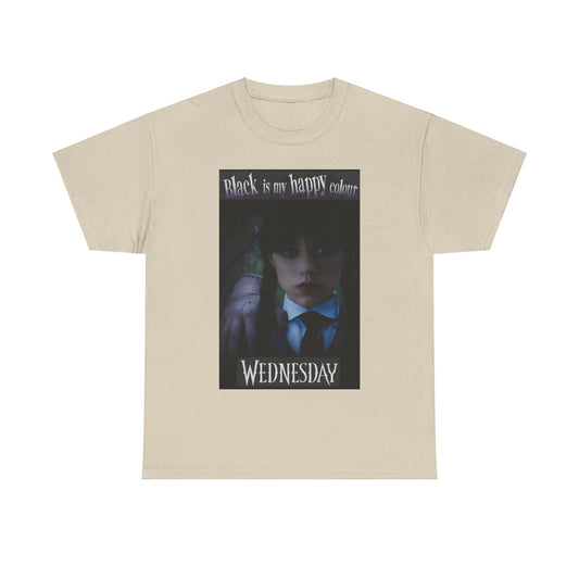 Wednesday Addams Unisex Graphic Tee showcasing an elegant design with a dark theme, ideal for discerning goth enthusiasts in a soft beige colour.