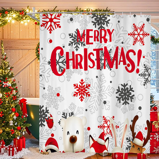 Christmas Shower Curtain Merry Christmas Bathroom Curtain with 12 Hooks Mildew and Mould Resistant Curtain Xmas Decoration Waterproof Polyester Shower