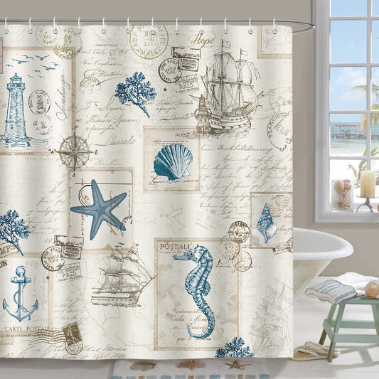 Bonhause Nautical Coastal Shower Curtain Vintage Sailboat Lighthouse Anchor Bathroom Curtain 180 x 200 cm Waterproof Mildew & Mould Resistant