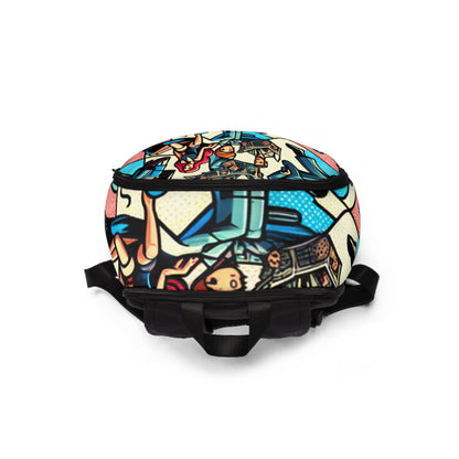 Lifestyle shot of the Vibrant Pop Art Abstract Backpack by Dazzling Dreams Studio on a fashionable individual, highlighting its unique design and practicality for modern living.