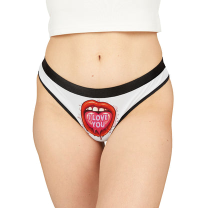 Luxurious women's graphic thong featuring a vibrant design of red lips and a heart-shaped tongue with the words 'I Love You', perfect for playful romance and cheeky gifting.