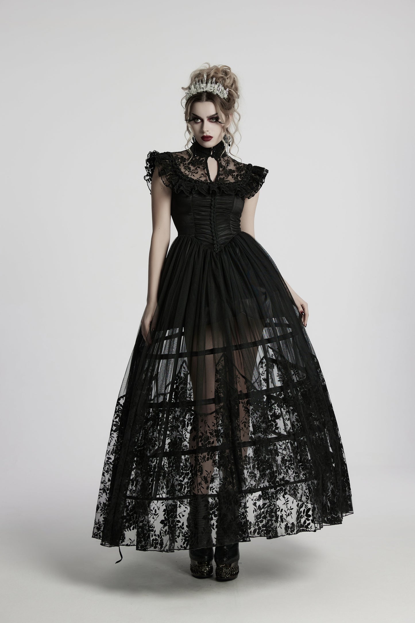 Elegant Punk Rave Seraphina Goth Flying Sleeve Dress displaying a luxurious flocking mesh and satin fabric with intricate velvet floral patterns.