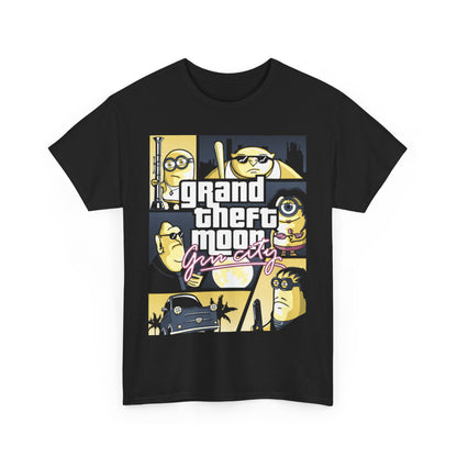 Minions Grand Theft Auto Mashup Unisex Men's Women's Graphic T Shirt featuring a whimsical 'Grand Theft Moon Gru City' design, perfect for fans seeking a funny and nostalgic vibe. T Shirt, Funny, Minions.