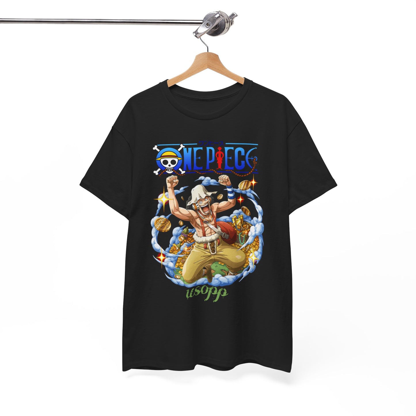 Luxurious Usopp men's t-shirt elegantly hung, showcasing vibrant One Piece design with Usopp celebrating joyfully, surrounded by gold coins and whimsical cloud imagery.