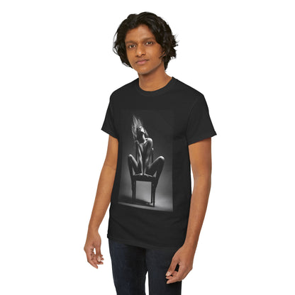 Trendy male wearing a luxurious black T-shirt adorned with a striking grayscale illustration of a woman in a bold pose, ideal for those who embrace unique fashion statements.
