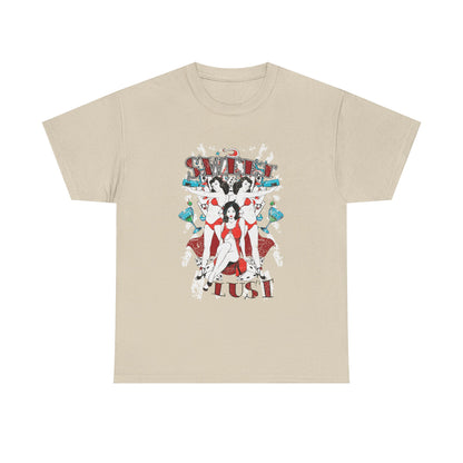 Chic beige graphic tee adorned with striking 'SWEET LUST' artwork and retro themes, a timeless addition to your fashion collection.