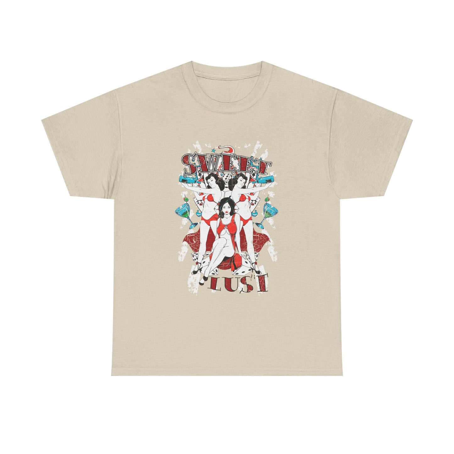 Chic beige graphic tee featuring 'SWEET LUST' with alluring pin-up figures donning bold red outfits, complemented by playful design elements including cocktails and dice, perfect for a classy yet playful aesthetic.