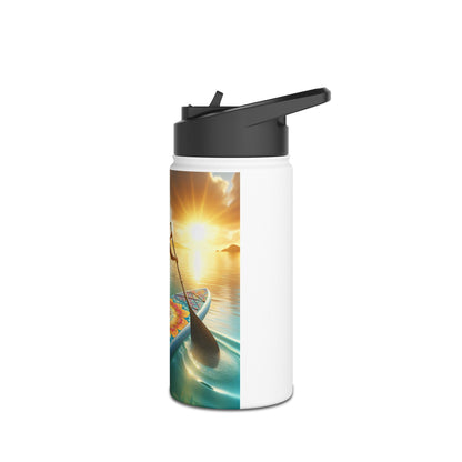 Luxury Fantasy Paddleboarding Stainless Steel Water Bottle displaying a picturesque paddleboarding moment with a woman at sunset, emphasizing premium quality.