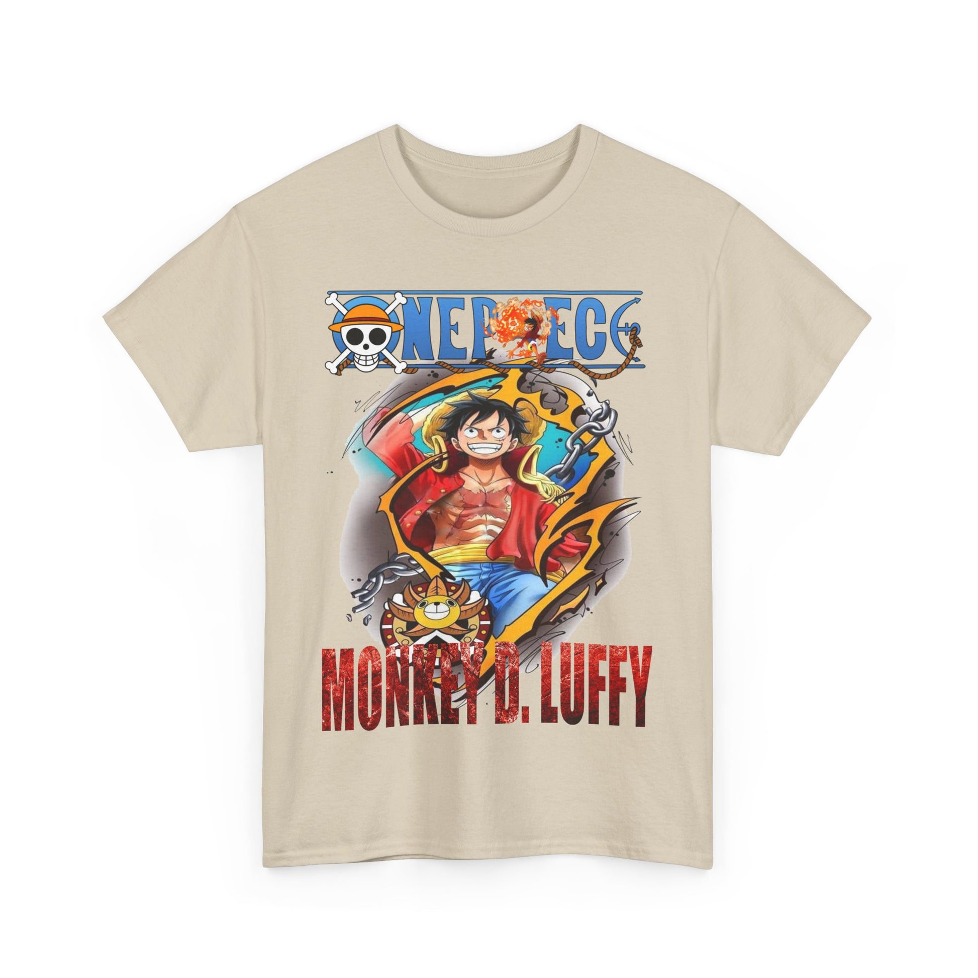 Luxury Monkey D. Luffy t-shirt displayed in a neutral colour, emphasizing premium design elements and vibrant graphics for anime lovers.