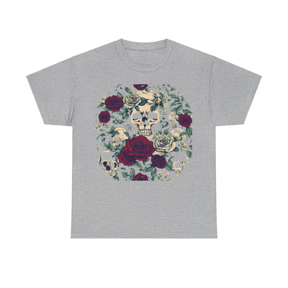 Skulls and Roses Cotton Tee showcasing a stunning steampunk design on a grey unisex graphic shirt, perfect for making a bold fashion statement.