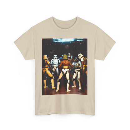 A visually striking cream-coloured t-shirt featuring a vibrant Stormtrooper design, embodying a perfect blend of luxury and pop culture, suitable for affluent style enthusiasts.