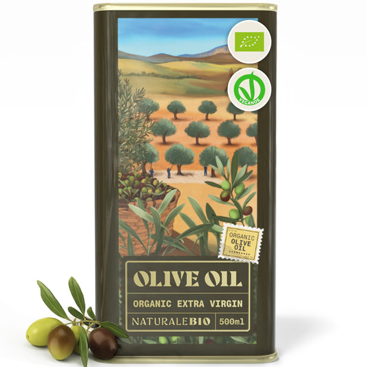NaturaleBio Organic Olive Oil Extra Virgin 500ml. Harvested in Spain. D.O.P certified. Premium Cornicabra and Picual olives from centenary trees. Cold