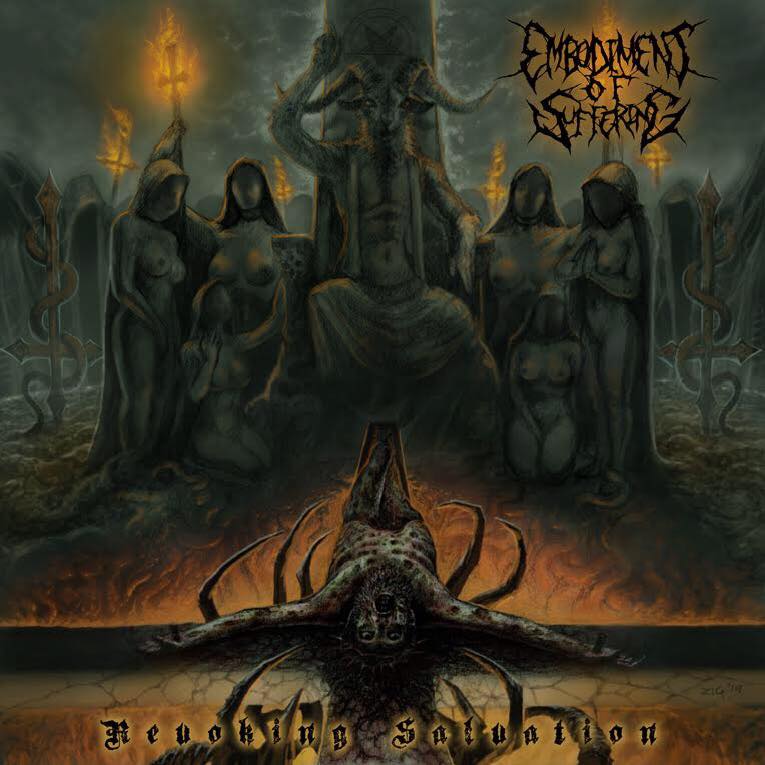 Official CD cover of 'Revoking Salvation' by Embodiment of Suffering, released by Rancid Offal Records, showcasing the dark and intricate artwork representative of the death metal genre.