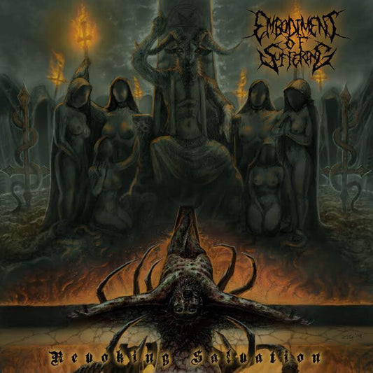 Official CD cover of 'Revoking Salvation' by Embodiment of Suffering, released by Rancid Offal Records, showcasing the dark and intricate artwork representative of the death metal genre.
