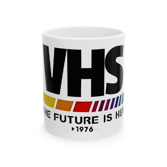 VHS Logo Retro Ceramic Mug - 12oz showcasing an iconic design with vibrant colours, perfect for nostalgic coffee lovers.