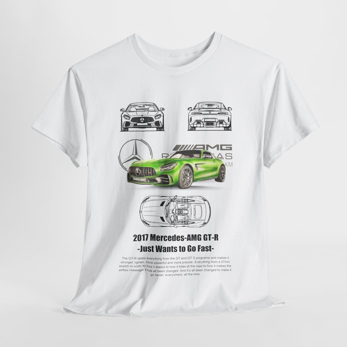Men's Mercedes-AMG GT-R T-shirt in white featuring a dynamic green 3D graphic of the GT-R model, complemented by intricate line drawings showcasing its iconic design.