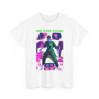 Chic unisex tee inspired by Squid Game, featuring an artistic depiction of a character in an eye-catching pose with a captivating colour palette, a must-have for style enthusiasts and fans alike.