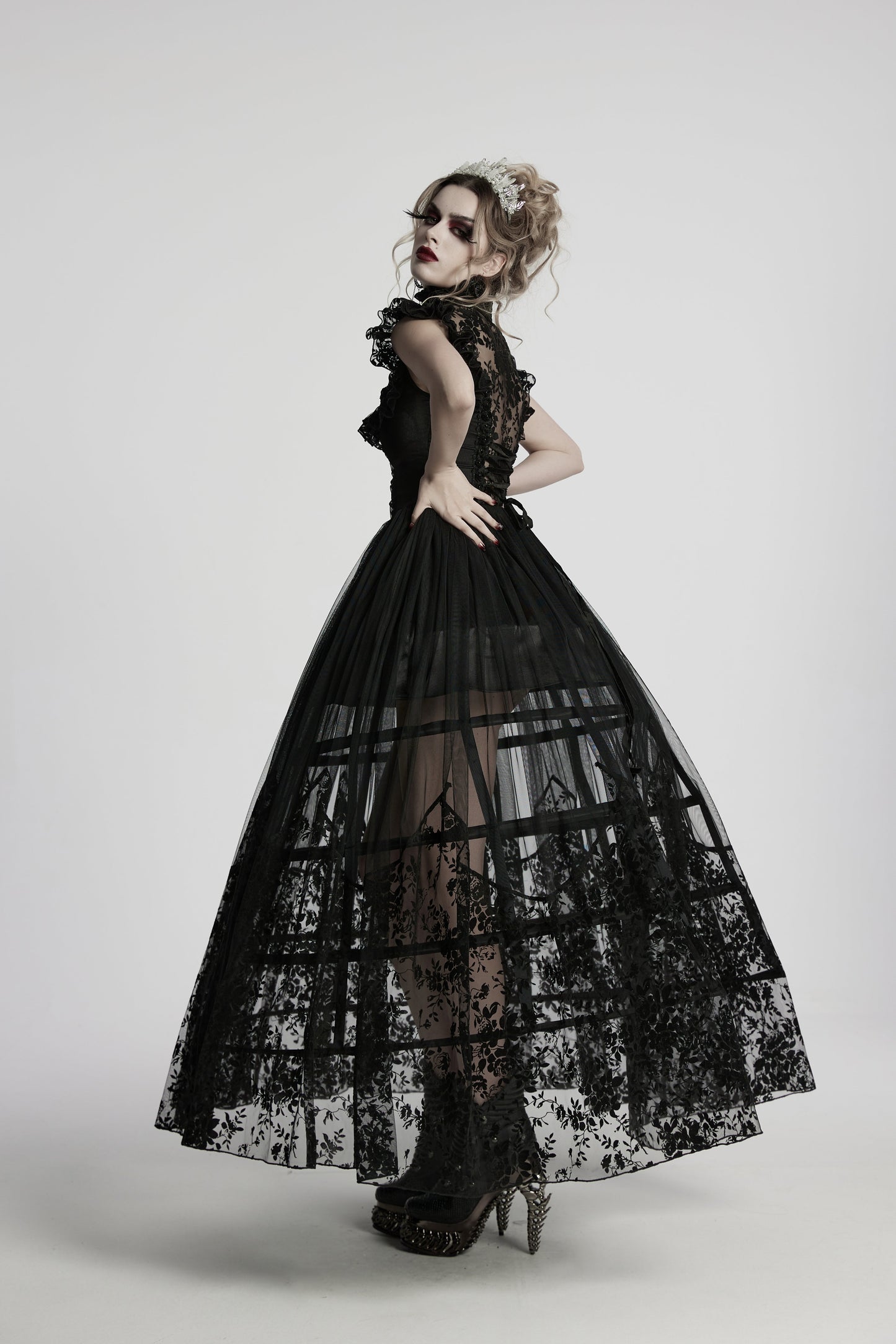 Flowing sheer mesh skirt of the Punk Rave Seraphina Goth Flying Sleeve Dress with beautifully detailed lace ruffle trim.