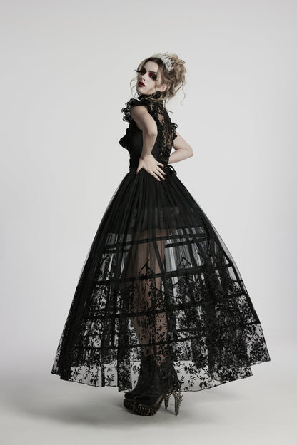 Flowing sheer mesh skirt of the Punk Rave Seraphina Goth Flying Sleeve Dress with beautifully detailed lace ruffle trim.