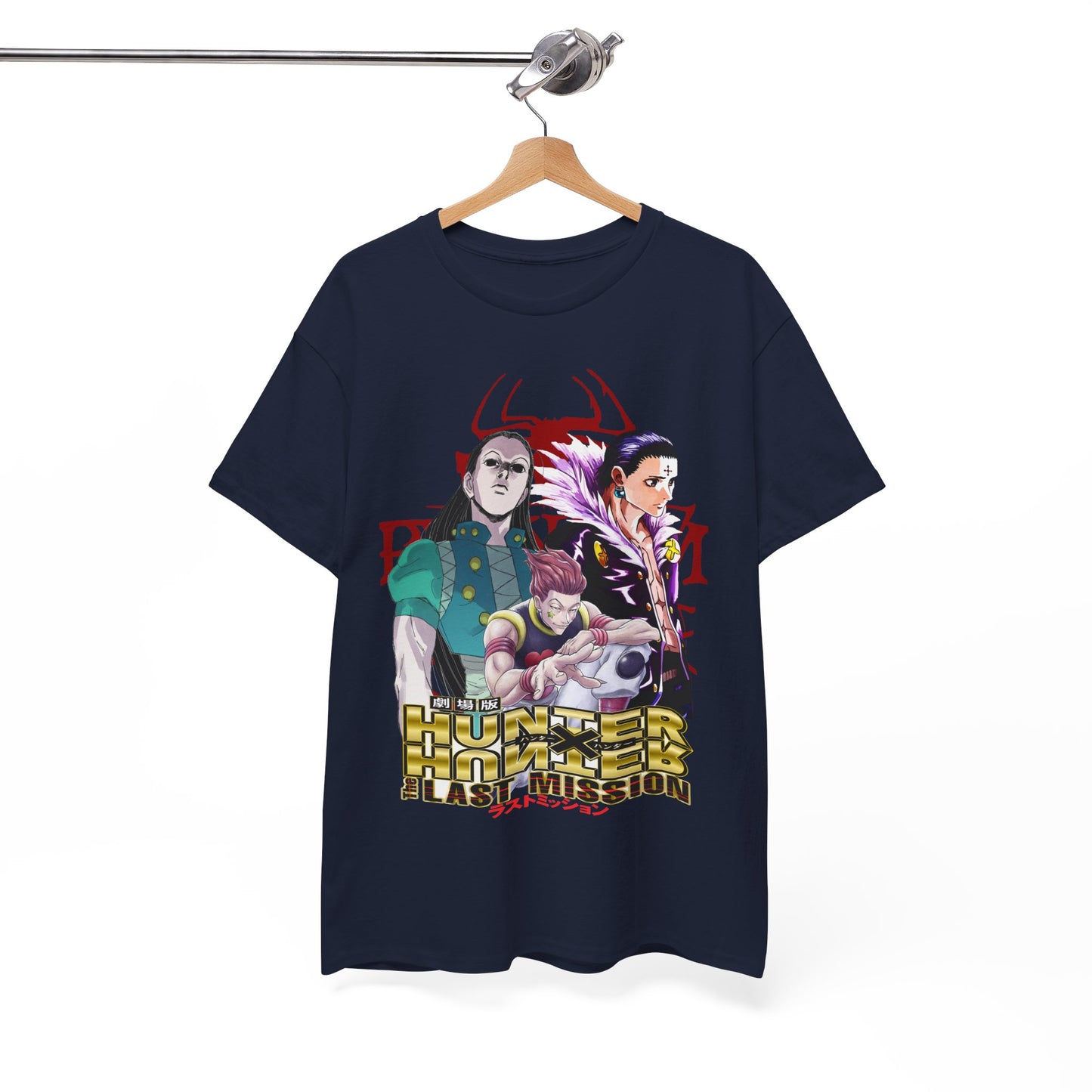 High-quality Hunter x Hunter T-shirt displayed on a wooden hanger, capturing vivid character artwork against a luxurious navy backdrop, fit for a fashionable collection.