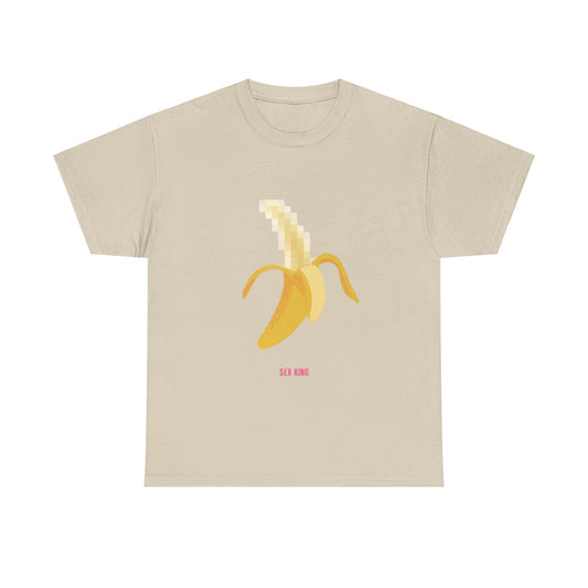 Elegant beige t-shirt displaying a whimsical pixelated banana graphic, embellished with playful 'SEX KING' text, ideal for a contemporary casual look.