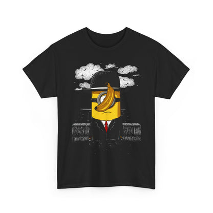 Minion of Man Parody Unisex Men's Women's Graphic T Shirt Tee showcasing a quirky Minion dressed in a black suit and red tie, with a banana playfully placed over one eye, a fun and stylish choice for Minion enthusiasts.
