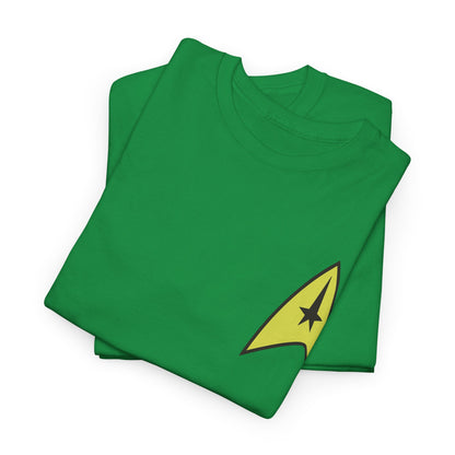 Chic green Star Trek Starfleet uniform unisex graphic t-shirt with the iconic insignia, ideal for those who appreciate luxury.