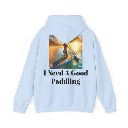 Elegant light blue Fantasy Paddleboarding Unisex Hooded Sweatshirt showcasing the phrase 'I Need A Good Paddling' with a beautiful paddleboarding image.