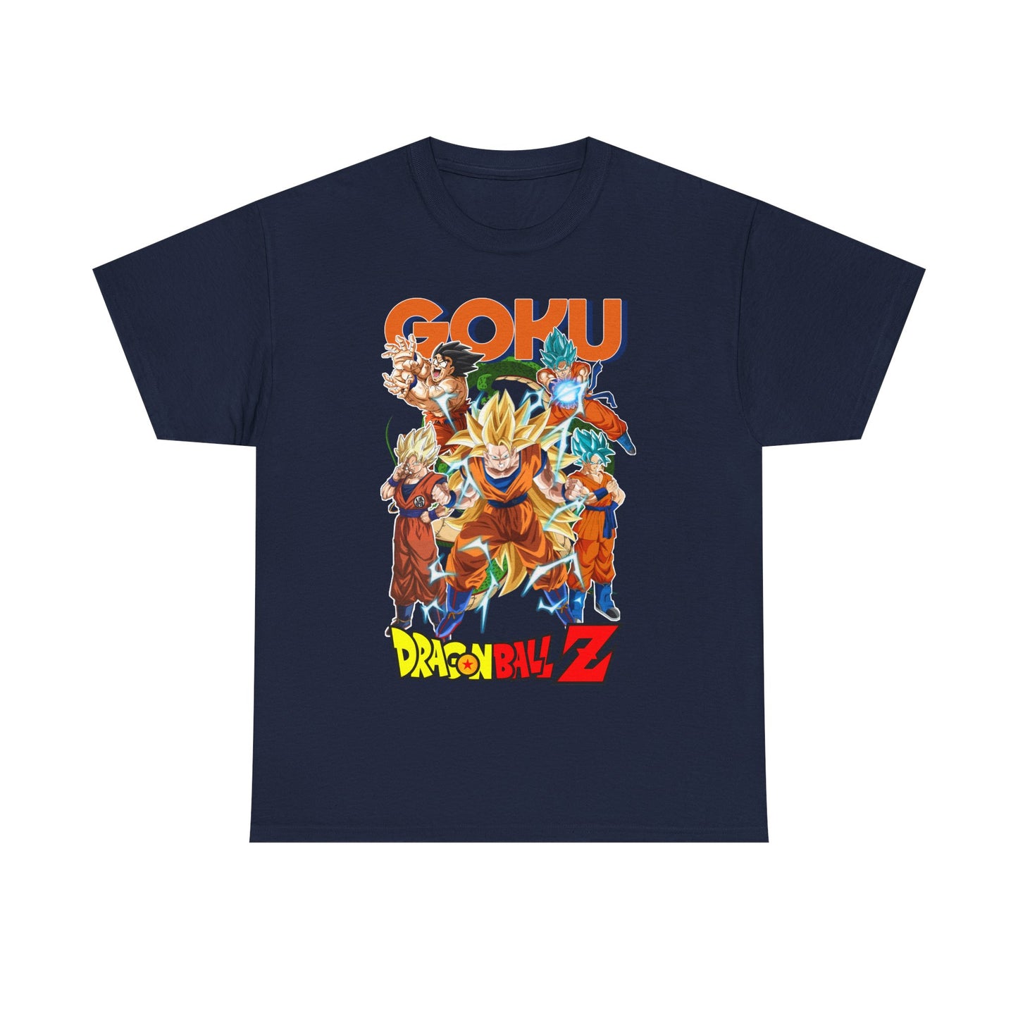 Stylish GOKU Power Surge T-Shirt in deep navy, featuring premium quality fabric and striking Dragon Ball Z graphics that portray Goku and iconic characters in dynamic poses.