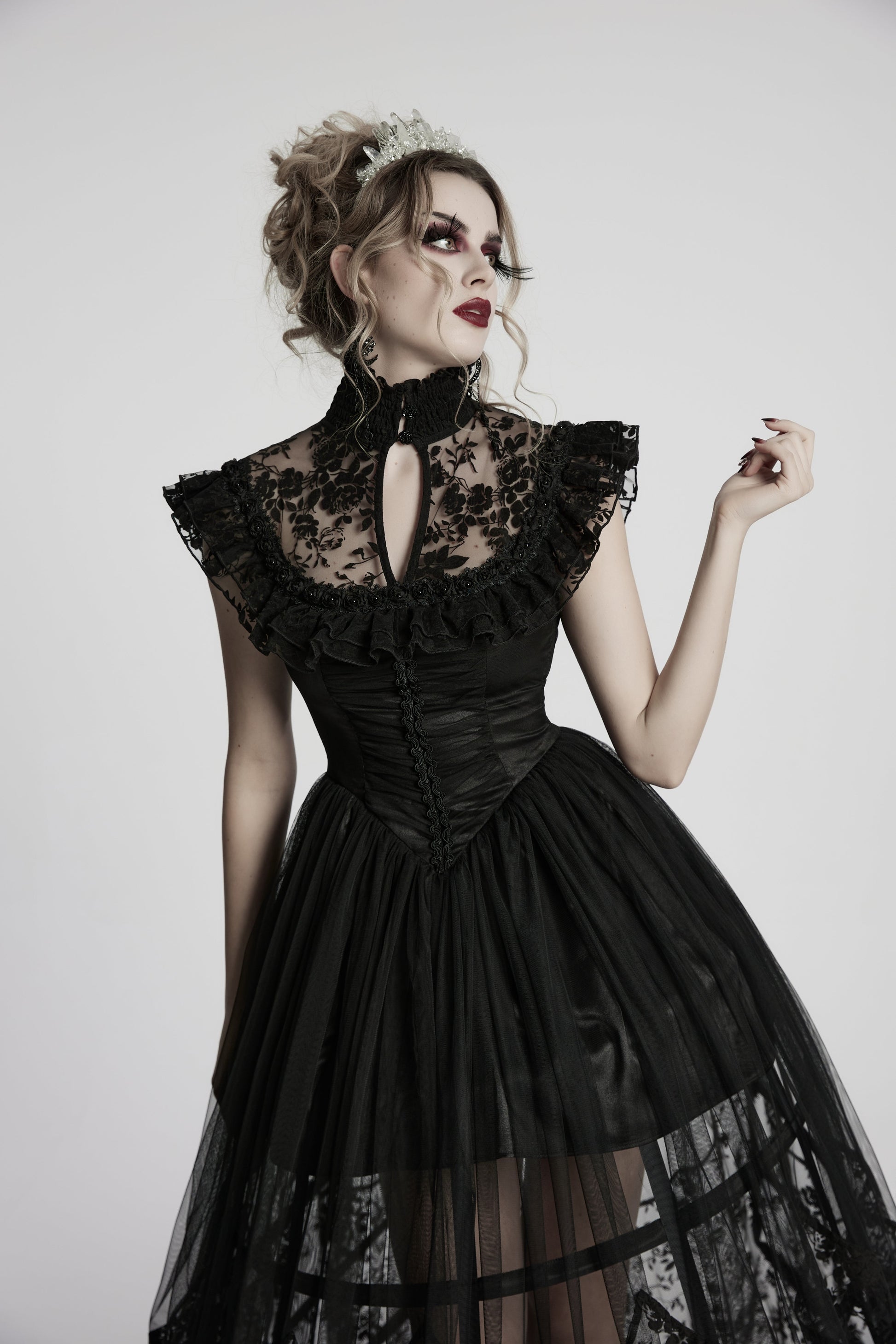 Elegant Punk Rave Seraphina Goth Flying Sleeve Dress featuring a luxurious corset bodice and intricate lace ruffle trim, perfect for gothic soirées.