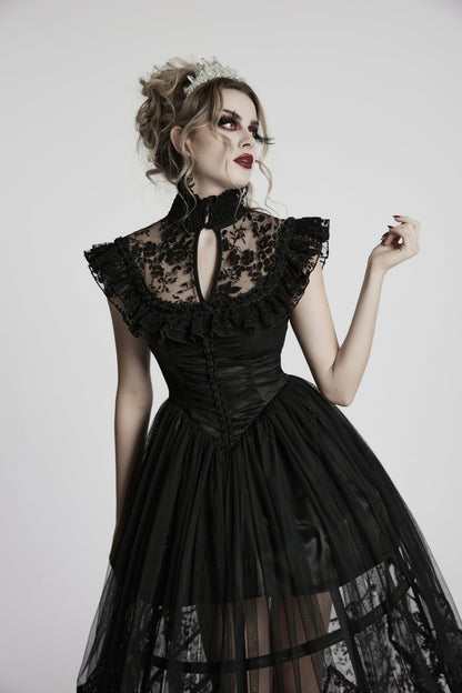 Elegant Punk Rave Seraphina Goth Flying Sleeve Dress featuring a luxurious corset bodice and intricate lace ruffle trim, perfect for gothic soirées.