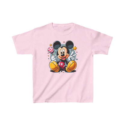 Child's Mickey Mouse Unisex Graphic Tee Shirt Kids in soft pink, adorned with a charming Mickey Mouse graphic holding a lollipop, ideal for bringing smiles.