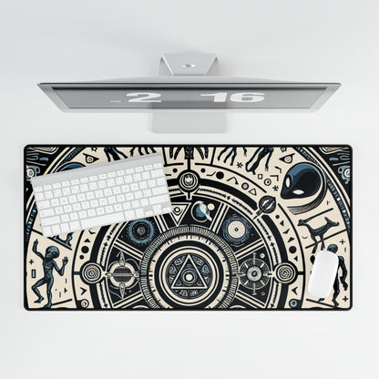 Cosmic Hieroglyphic Tranquility Mat - Desk: Top-down view of a stunning desk mat adorned with unique alien graphics and symbols, ideal for creative and sophisticated workspaces.