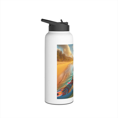 Luxury Fantasy Paddleboarding Stainless Steel Water Bottle displaying a captivating beach paddleboarding graphic, emphasizing luxury and functionality.