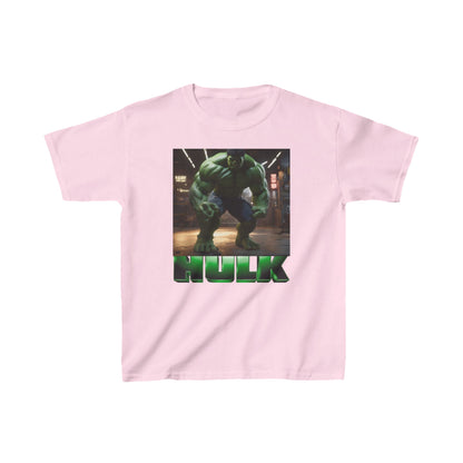 Kids Heavy Duty Incredible Hulk T-Shirt in pink, featuring a bold print of the Hulk and durable cotton fabric, perfect for young superheroes.