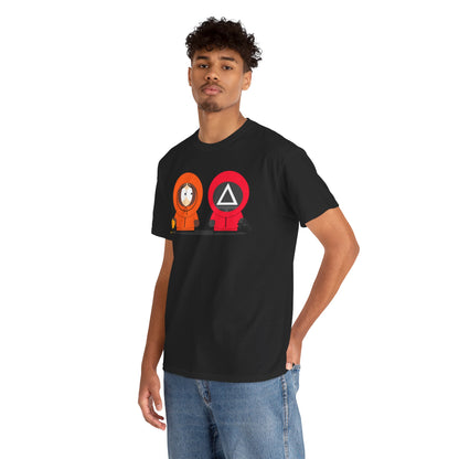 Squid Game South Park Unisex Men's Women's Graphic Cotton Funny T Shirt Tee worn by a young model, featuring a creative blend of iconic characters in a bold and unique graphic style.