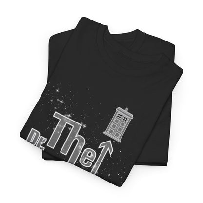 Elegant black t-shirt displaying a fashionable Dr Who design, capturing the essence of rock and sci-fi culture in a luxurious and playful manner.