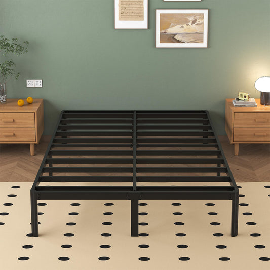 Lutown-Teen Metal Bed 140 x 190 cm with Round Legs, 36 cm Height Bed Frame Double Bed with Metal Slatted Frame, Black