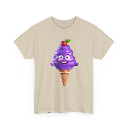 Scoop of Joy: Cartoon Ice Cream Cone Character Tee - Front view featuring a delightful cartoon ice cream cone design on a classic beige tee.