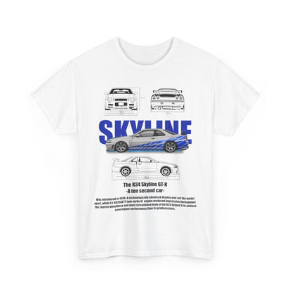 Men's R34 Skyline GT-R T-Shirt, showcasing intricate automotive graphics and racing stripes, ideal for car enthusiasts and stylish casual wear.