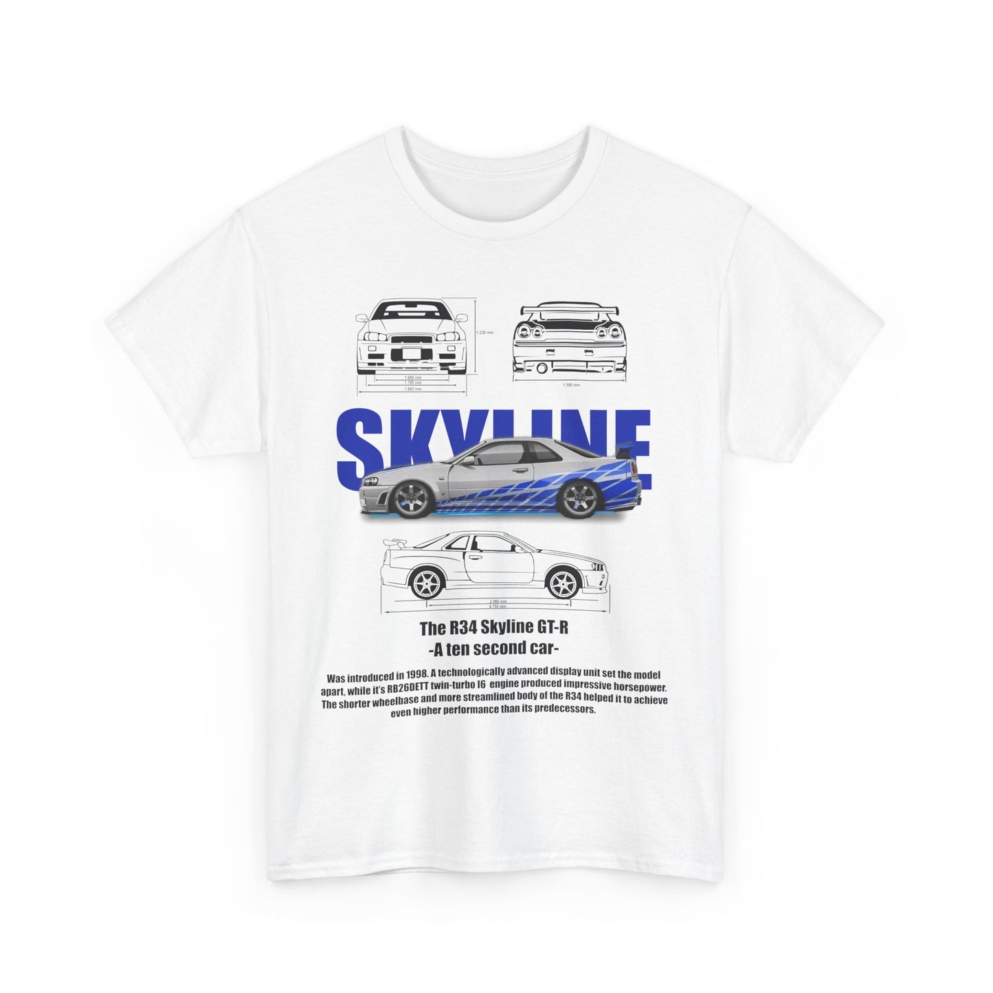 Men's R34 Skyline GT-R T-shirt in white, featuring striking graphics of the celebrated car model with blue accents and 'SKYLINE' written prominently, designed for discerning automotive fans.
