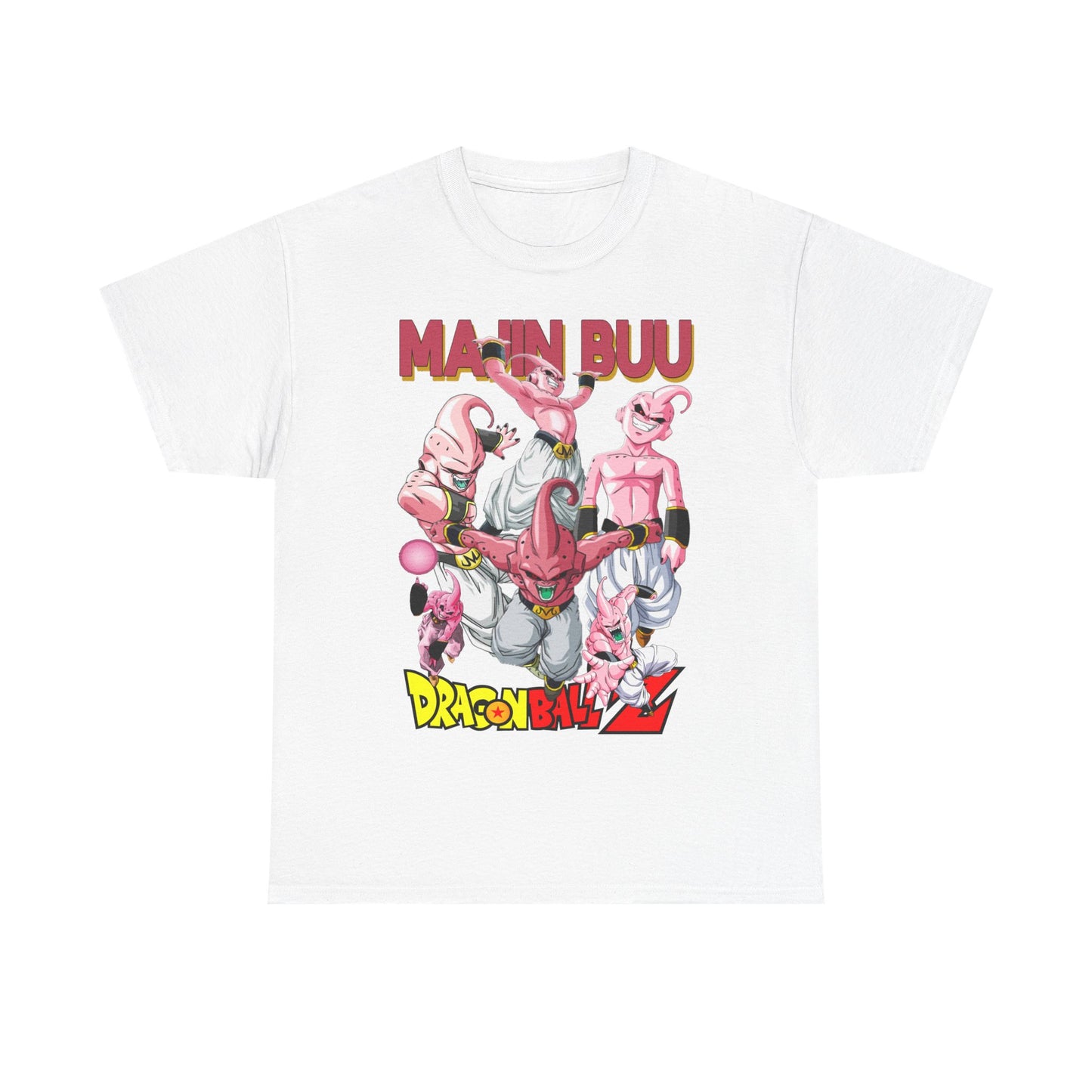 Luxurious white t-shirt featuring bold 'Majin Buu' design from Dragon Ball Z, showcasing vibrant pink characters in dynamic poses, perfect for anime enthusiasts.