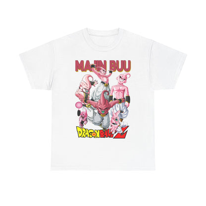 Luxurious white t-shirt featuring bold 'Majin Buu' design from Dragon Ball Z, showcasing vibrant pink characters in dynamic poses, perfect for anime enthusiasts.