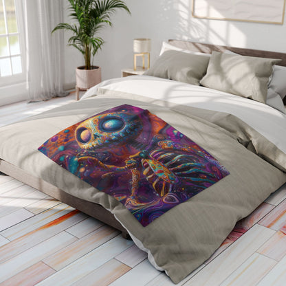 Decorative and Warm Halloween Skellington Spooky Arctic Fleece Blanket beautifully placed on a stylish bed, adding a touch of seasonal warmth and luxury to your Halloween bedding.