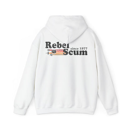 Luxurious white hoodie featuring a vintage 'Rebel Scum' graphic design and subtle spacecraft imagery, proclaiming 'since 1977'.